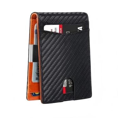 Imagem de Carteira masculina fina de fibra de carbono dobrável com bloqueio de RFID, bolso frontal, suporte fino para cartão de crédito com caixa de presente, Preto de carbono e laranja, Moderno