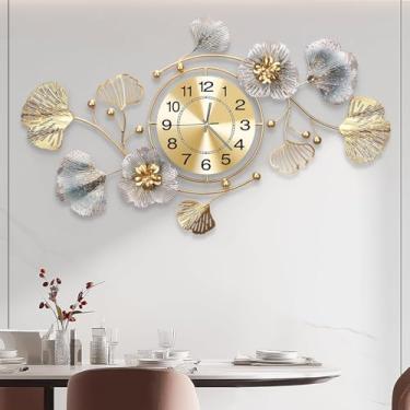Imagem de JXQXYN Relógios para sala de estar, relógio de parede grande, relógio de parede silencioso 3D, design de folha de ginkgo de metal retrô, para quarto e cozinha relógios de parede decorativos (129 x 58