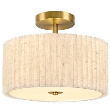 Imagem de Luminária de teto com 2 luzes semi-embutidas, luminária de teto moderna de tambor dourado de 12,6 polegadas com persiana de tecido plissado regulável perto da luz de teto para sala de estar, corredor