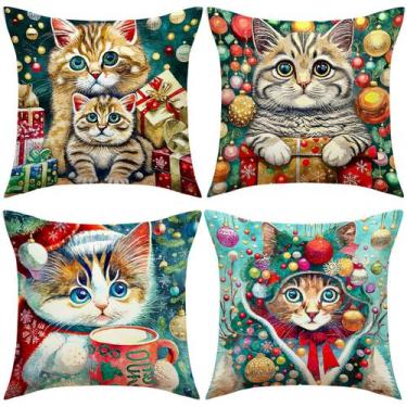 Imagem de Conjunto de fronhas Cute Cat Christmas Linen 45 x 45 cm, 4 peças - yiw