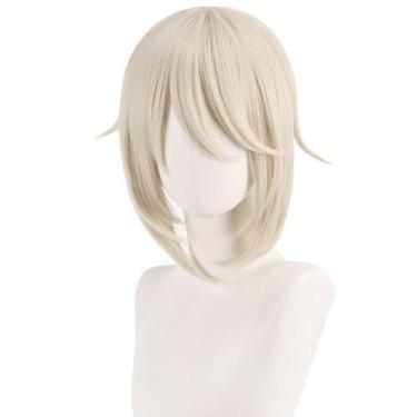 Imagem de Peruca de cosplay curta de fibra sintética loira de 40 cm com franja e