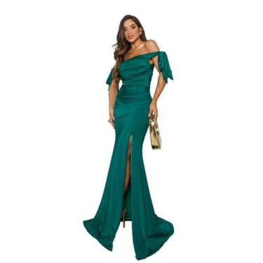 Imagem de Vestido Longo Festa Sereia Cetim com Fenda Lateral  - GRAMOOR, Verde e
