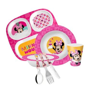 Imagem de Jogo de Refeição Infantil Disney em Melamina 7 Peças com Talheres Inox Minnie Mickey Pr...