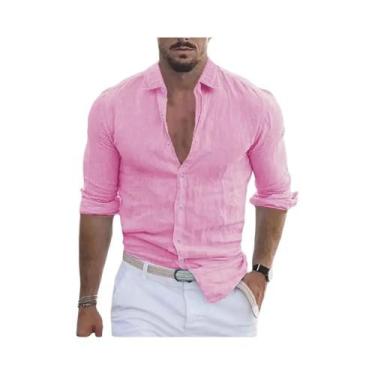 Imagem de Camisa Havaiana Masculina De Manga Longa Em Algodão E Linho Com Gola P