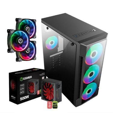 Imagem de Kit Gabinete Gamer + Fonte 500w + Kit 3 Cooler Argb - Brasilpc- C/ Lateral de Vidro