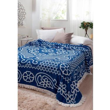 Imagem de Colcha Casal Chenille Canelada Bruna Azul/Branco Aristocrata Jolitex