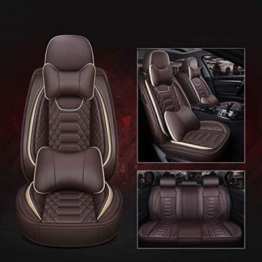 Imagem de KRASS Capa de assento de carro de couro, capa geral de assento de carro de couro de luxo resistente ao desgaste, kit interior do carro com suporte lombar e apoio de cabeça, marrom, Collector88