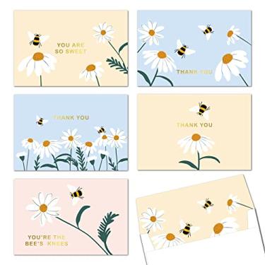 Imagem de Gooji Cartões de agradecimento Bee & Dasiy Gold Foil 4x6 (pacote com 20) envelopes combinando | Conjunto sortido, aquarela, festa de aniversário, chá de bebê, casamentos, saudações, notas em branco