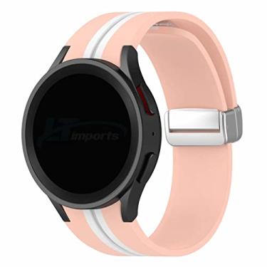 Imagem de Pulseira Listrada Fecho Magnetico LTIMPORTS, compativel com Galaxy Watch 6 - Galaxy Watch 5 - Galaxy Watch 4 (Rosa/Branco, Fecho PRETO)