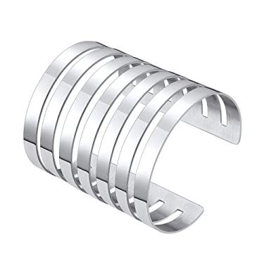 Imagem de FindChic Bracelete largo para mulheres banhado a ouro 18 K, corte afunilado, onda/olho turco, ajustável, simples, com foto personalizada, grosso, aberto para meninas, Metal, Strass