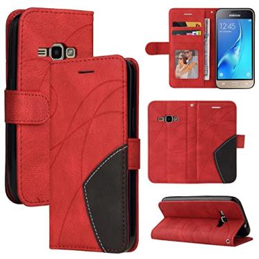 Imagem de Capa carteira para Samsung Galaxy J1 2016, compartimentos para porta-cartão, capa de poliuretano de luxo anexada à prova de choque TPU com fecho magnético com suporte para Samsung Galaxy J1 2016 (vermelha)