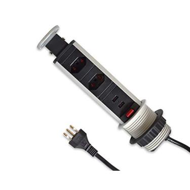 Imagem de Torre de Tomada Cinza 2 Tomadas 2 USB Retrátil Moderna