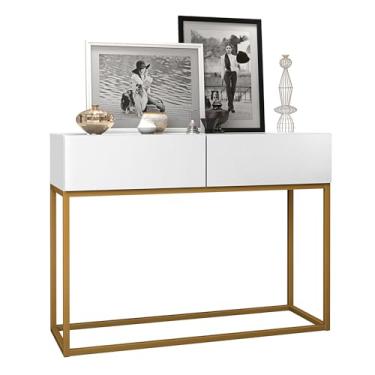 Imagem de Aparador Eros Buffet 90cm Para Hall de Entrada Cantinho do Café Pé de Ferro Dourado Industrial Com 2 Gavetas (Branco)