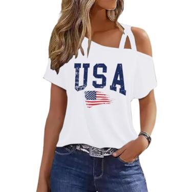 Imagem de VKEGNIO Camisetas de verão cruzadas de um ombro só com ombro vazado, camisetas casuais soltas para férias, Branco 2, P