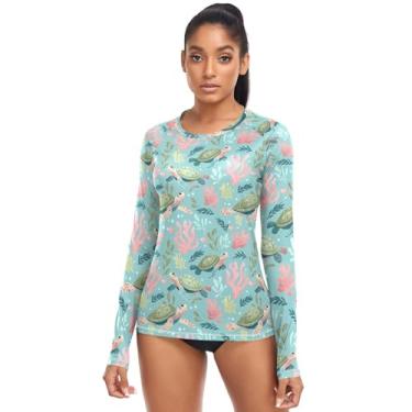 Imagem de Camiseta Rash Guard para mulheres, proteção solar, FPS 50+, roupas de banho femininas para natação, caminhadas, pesca, Tartarugas turquesa e algas marinhas, M