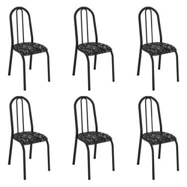 Imagem de Kit 6 Cadeiras de Cozinha Flórida Estampado Preto Florido Pés de Ferro