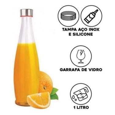 Imagem de Garrafa Vidro Transparente 1 Litro P/ Geladeira Água Suco C/ Tampa Ino