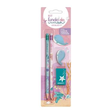 Imagem de Kit Escrita Leonora Fundo do Mar com 2 Lápis Grafites HB Nº2, 1 Borracha e 1 Apontador