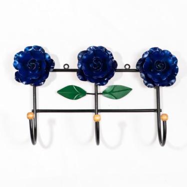 Imagem de Cabideiro de Parede Suporte Artesanal 3 Ganchos Flor Azul - Full Econo