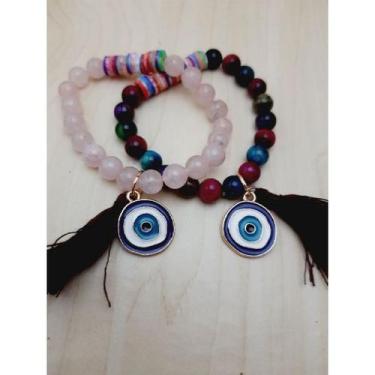 Imagem de Pulseira Pedra Natural com medalha de Olho Grego com fimos - Paz Inter