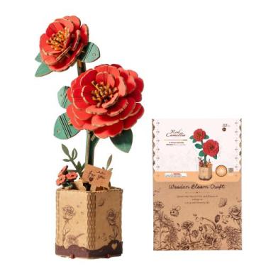 Imagem de Kit de modelo de camélia vermelha com flor de madeira de quebra-cabeça