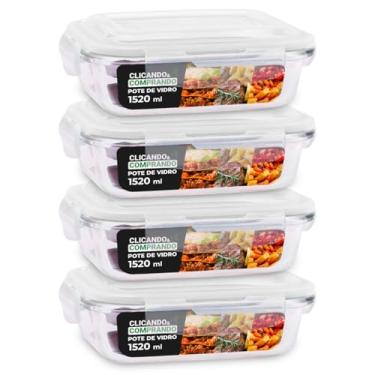 Imagem de Kit 4 Potes de Vidro Retangular com Tampa Hermética 1520ml Cor: Transparente