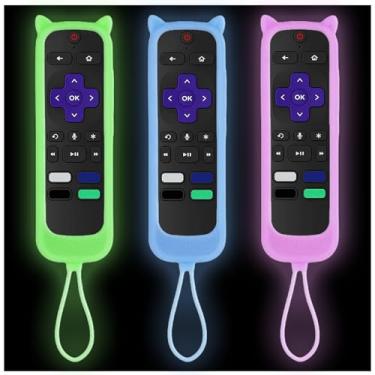 Imagem de Taiyiluo Pacote com 3 capas para controle remoto TCL Roku TV RC280, capa de bateria para controle remoto Hisense Roku substituição de silicone capa universal verde brilhante, azul brilhante e roxo