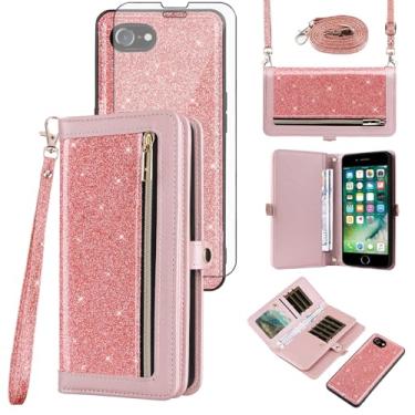 Imagem de Asuwish Capa de celular para iPhone 7/8/SE 2020/2022 carteira com zíper com alça protetora de tela brilhante iPhone7 iPhone8 7s 8s i SE2020 SE2022 2/2nd/3/3ª geração SE2 SE3 7SE 8SE rosa