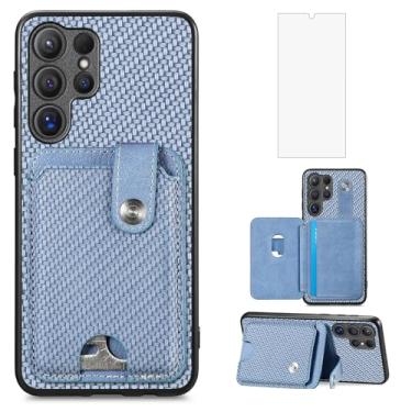 Imagem de Asuwish Capa carteira para Samsung Galaxy S24 Ultra 5G com protetor de tela de vidro temperado fina e suporte magnético para cartão de crédito S24Ultra 24S S 24 24Ultra feminino masculino azul