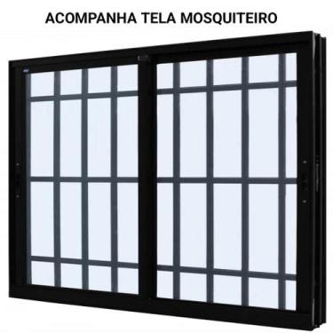 Imagem de Janela de correr alumínio preto 2 folhas móveis com grade vidro liso i