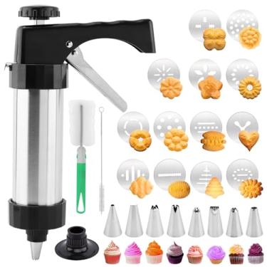 Imagem de Prensa de biscoito de aço inoxidável, kit de pistola de prensa de biscoitos, máquina de spritz com 8 pontas de tubulação e 13 discos para biscoito faça você mesmo para fazer sobremesas (prata, tamanho