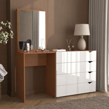 Imagem de Cômoda Porto 4 Gavetas com Espelho Branco/Freijó - Politorno, Marrom C
