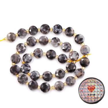 Imagem de Malahill Contas de pedra preciosa para fabricação de joias, contas de moeda facetadas de pedra natural larvikite preta 10 mm