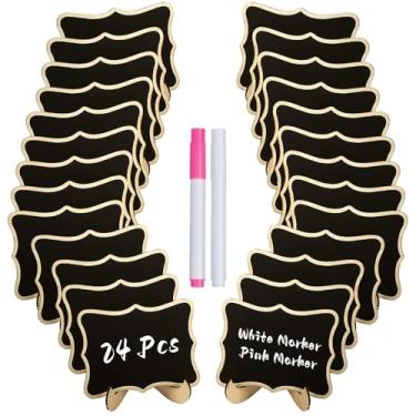Imagem de Uniclife Pacote com 24 mini placas de quadro-negro para comida, placas pequenas de quadro-negro com suporte, marcadores de giz e adesivos de substituição, etiquetas de alimentos de madeira