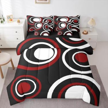 Imagem de Erosebridal Conjunto de edredom Queen listrado vermelho preto para adultos, mulheres, homens, moderno, círculo, abstrato, cama em uma bolsa, linhas de grafite contemporâneo, conjunto de 7 peças
