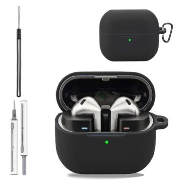 Imagem de Capa para Samsung Galaxy Buds3 FE, capa protetora de silicone para Galaxy Buds3 FE, capa de corpo inteiro à prova de choque com proteção contra arranhões, com chaveiro, cordão e kit de limpeza, preta