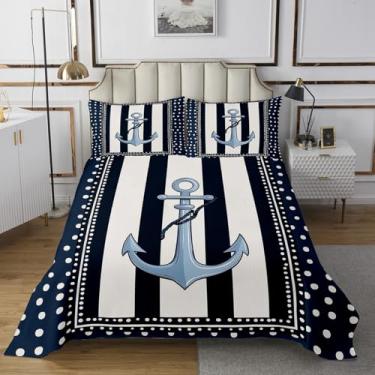 Imagem de Manfei Conjunto de colcha infantil com âncora náutica, tamanho king, geométrico, bolinhas, listras, decoração de quarto de meninos e meninas, cobertor acolchoado com tema de aventura oceânica, lençol