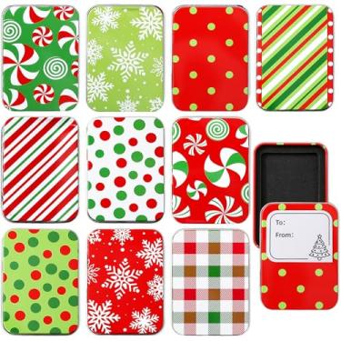 Imagem de Whaline 10 peças de porta-cartões de lata de Natal, caixa de doces de metal verde vermelho com tampa e adesivo, recipiente de lata de Natal para armazenar cartões, artesanato, lembrancinhas de festa