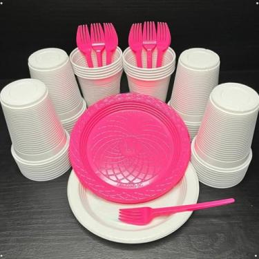 Imagem de Kit 300 Itens Festa Aniversário Descartáveis Plástico Colorido Perolado 100 Pessoas Completo Pratinho Garfinhos Copos (Branco Pink)