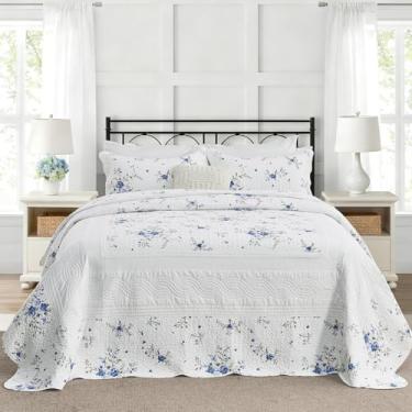 Imagem de Colchas King extragrandes 128 x 120 extra largas - Conjunto de colcha King reversível California King com estampa floral de fazenda, grande, 3 peças, edredom fino, leve, Cal King, azul/verde/branco