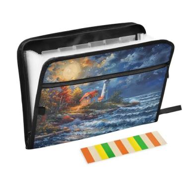 Imagem de Wassud Acordeão Night Lighthouse Organizador de Arquivos Letra A4 Pasta de Arquivo de Papel Organizador de Documentos com Etiquetas Pasta de Arquivo Expansível 13 Bolsos