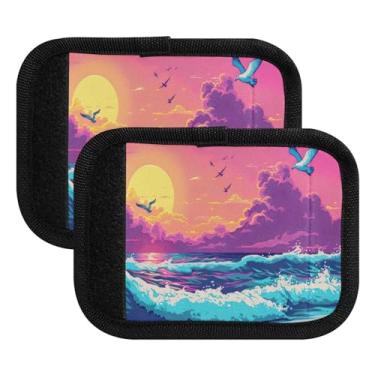 Imagem de Qilmy Pacote com 2 identificadores de bagagem, pintura de pôr do sol, praia, alças confortáveis, capas para carrinho de bebê, mala de viagem, acessórios de viagem de avião770