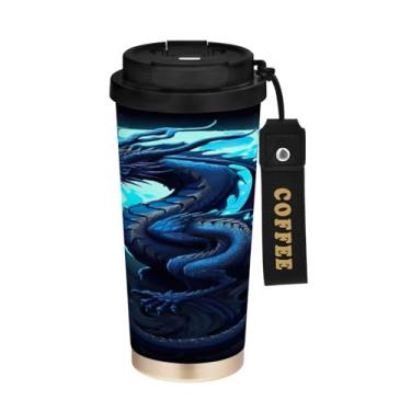 Imagem de YETTASBIN Caneca de café com isolamento térmico Scary Dragon de 500 ml com tampa canudo, copo à prova de derramamento e vazamento com alça para bebida quente e fria, garrafa de água de aço inoxidável