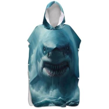 Imagem de Joisal Poncho de surfe leve para adultos trocador de roupa de banho com capuz bonito tubarão gigante monstro mar poncho masculino com capuz