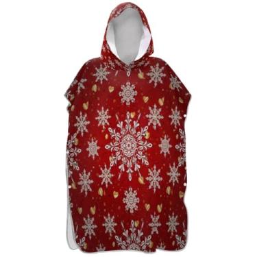 Imagem de Joisal Poncho de surfe para adultos trocador de roupa de praia com capuz toalha de banho absorvente feminino ponchos com capuz flocos de neve Natal vermelho