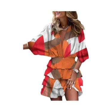 Imagem de Vestido Casual Mini Com Decote Em V, Manga Morcego, Cintura Elástica E