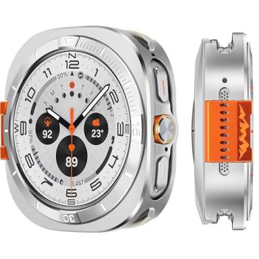 Imagem de Suphart Capa de metal compatível com Samsung Galaxy Watch Ultra 2025/2024, amortecedor resistente 2 em 1 com moldura traseira para Galaxy Watch de 47 mm (prata/branco)