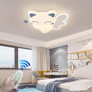 Imagem de Luminária de teto moderna para quarto, com LED dimerizável, em formato de gato, desenho animado fofo, ideal para quarto infantil, restaurante, sala de estar, banheiro e como lustre (Azul)