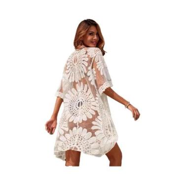Imagem de Saída De Praia Branca Em Tela Para Mulheres, Cardigã De Verão Para Mai