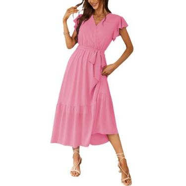 Imagem de Vestido Maxi Rosado PRETTYGARDEN con Escote en V y Volantes Talla Medi